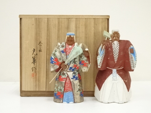 奈良人形師　桝井光華造　一刀彫高砂置物（共箱）